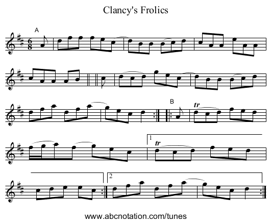 Clancy's Frolics - staff notation