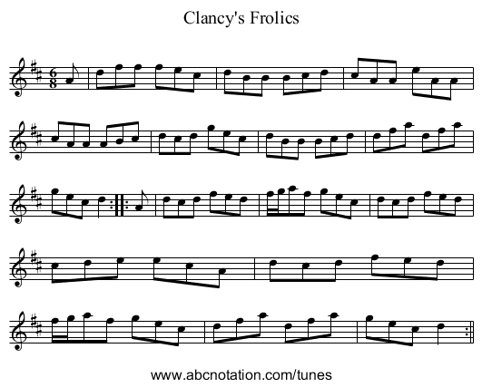 Clancy's Frolics - staff notation