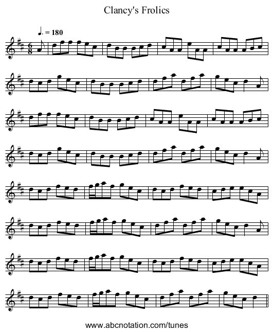 Clancy's Frolics - staff notation
