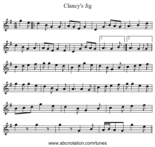 Clancy's Jig - staff notation