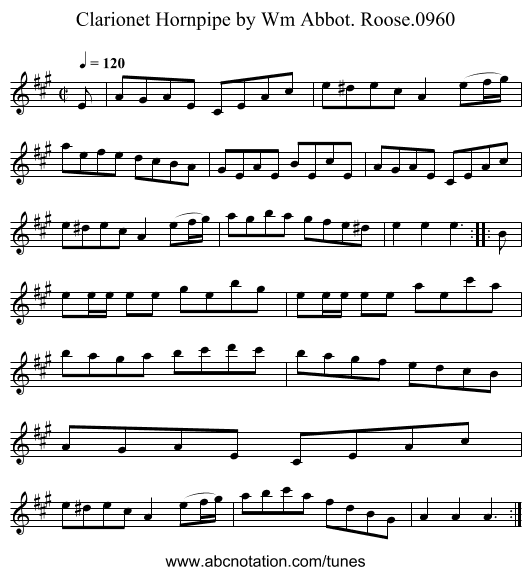 Clarionet Hornpipe by Wm Abbot. Roose.0960 - staff notation