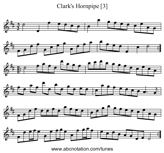Clark's Hornpipe [3] - staff notation