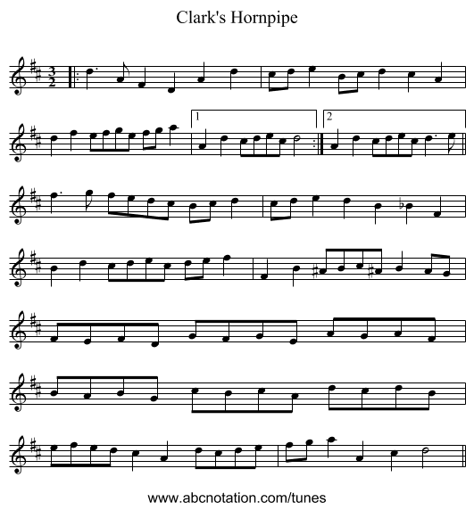 Clark's Hornpipe - staff notation