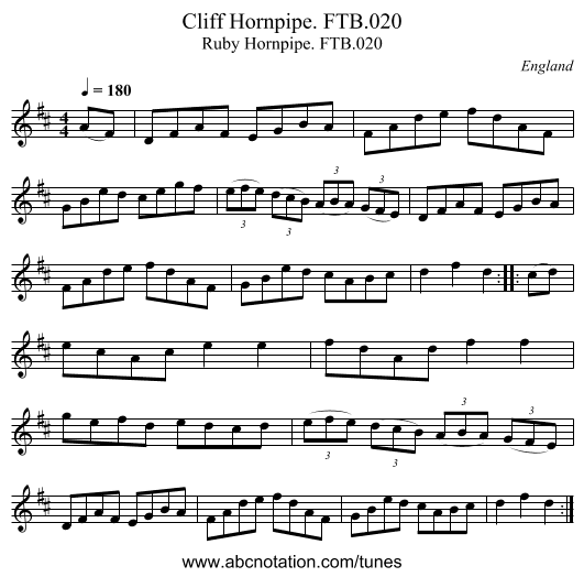 Cliff Hornpipe. FTB.020 - staff notation