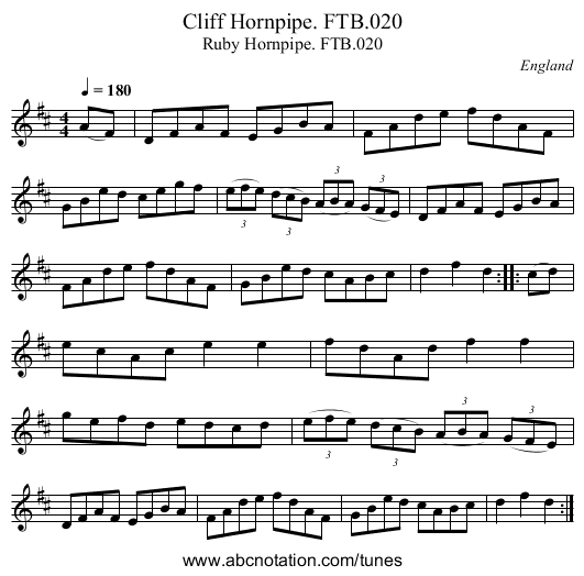 Cliff Hornpipe. FTB.020 - staff notation