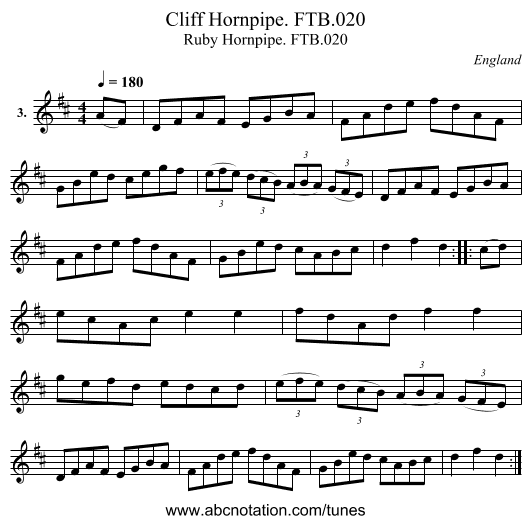 Cliff Hornpipe. FTB.020 - staff notation