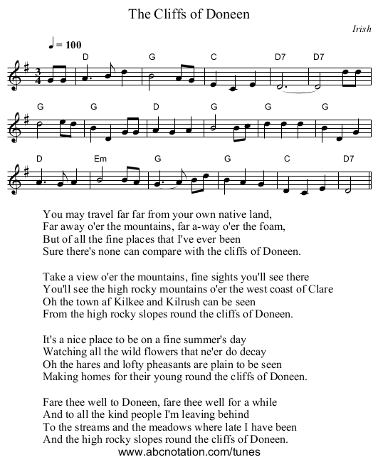 Cliffs of Doneen, The - staff notation