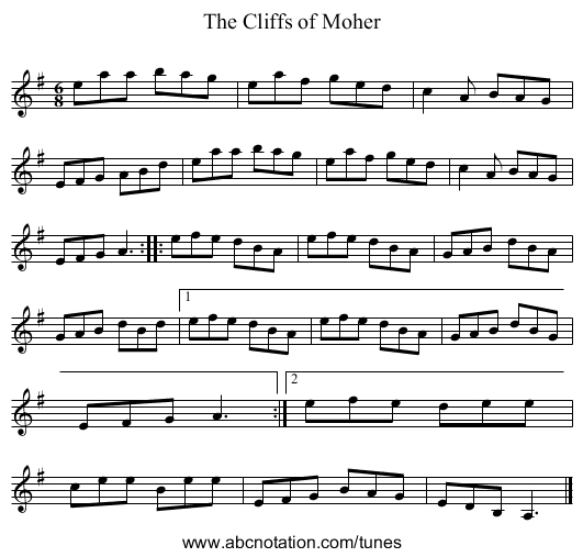 Cliffs of Moher, The - staff notation
