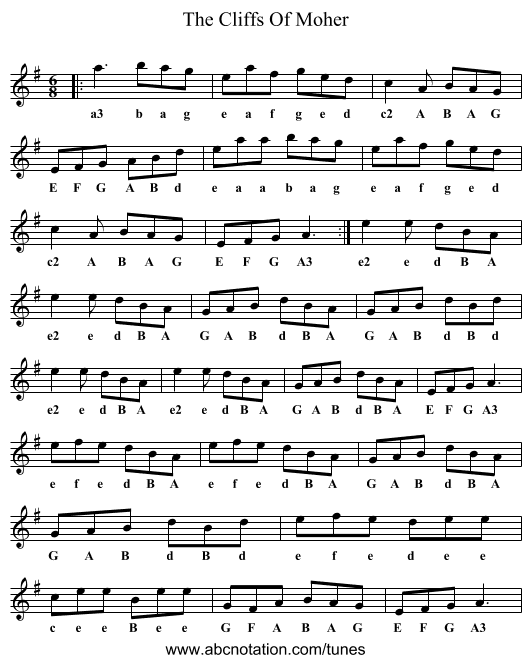 Cliffs Of Moher, The - staff notation