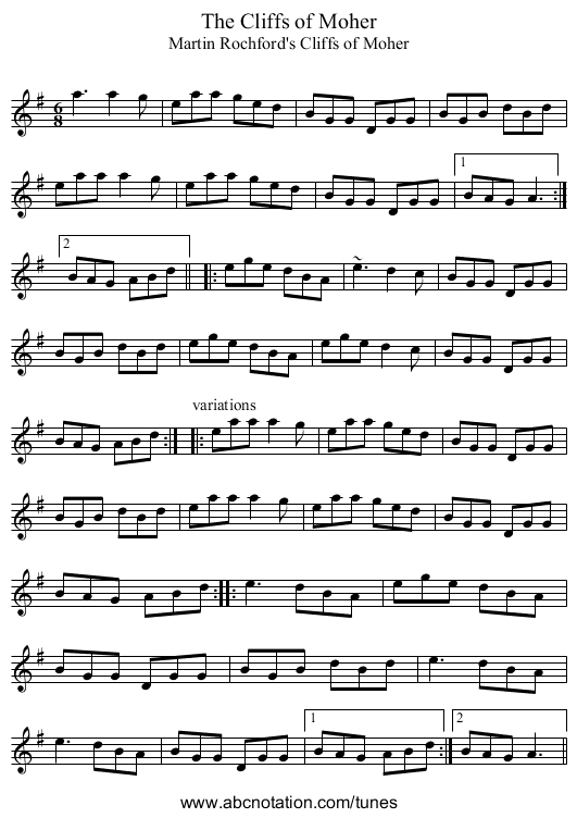 Cliffs of Moher, The - staff notation