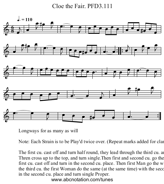 Cloe the Fair. PFD3.111 - staff notation