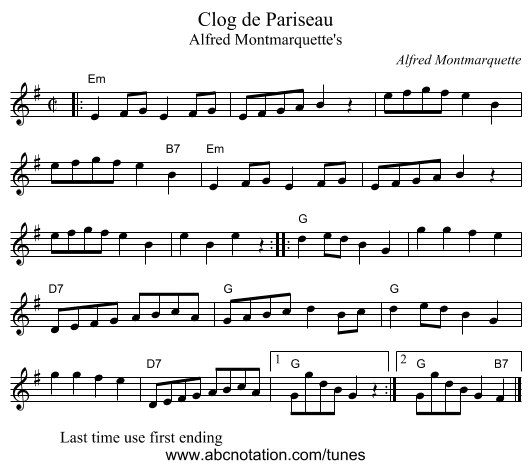 Clog de Pariseau - staff notation