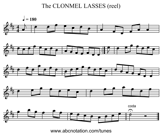 CLONMEL LASSES (reel), The - staff notation