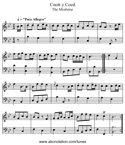 Cnott y Coed - staff notation