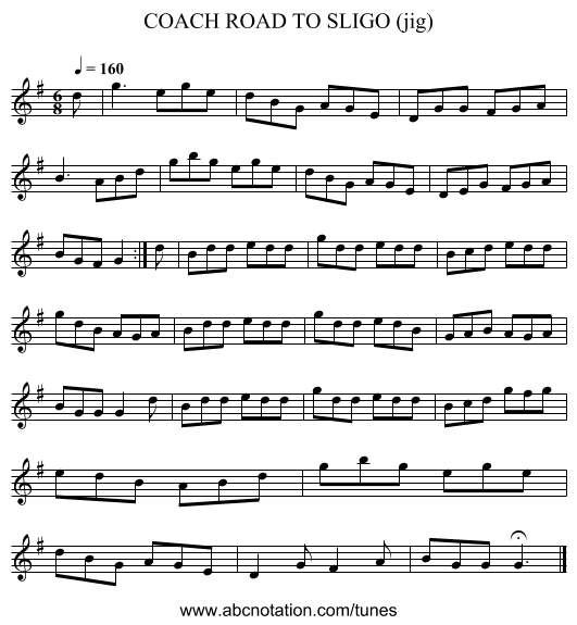 COACH ROAD TO SLIGO (jig) - staff notation
