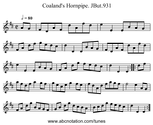 Coaland's Hornpipe. JBut.931 - staff notation