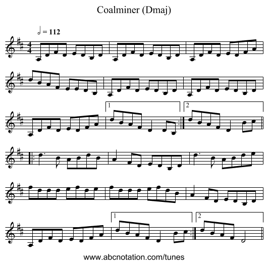 Coalminer (Dmaj) - staff notation