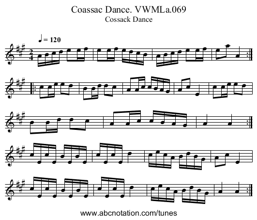 Coassac Dance. VWMLa.069 - staff notation