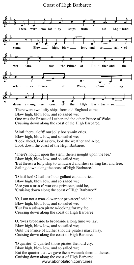 Coast of High Barbaree - staff notation