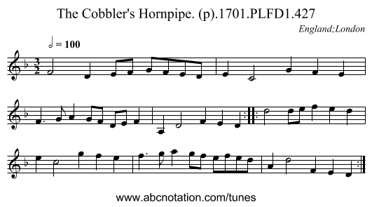 Cobbler's Hornpipe. (p).1701.PLFD1.427, The - staff notation