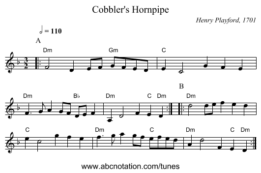 Cobbler's Hornpipe - staff notation