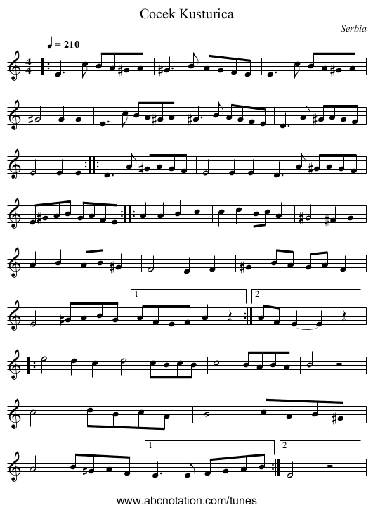 Cocek Kusturica - staff notation