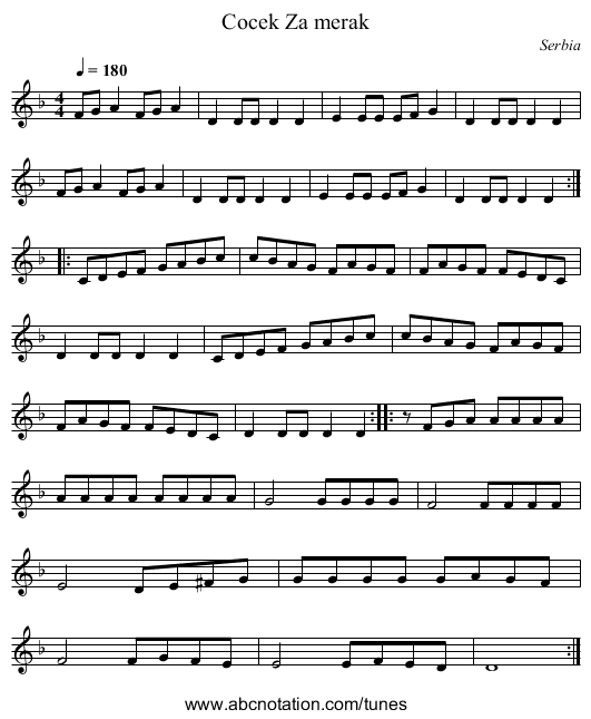 Cocek Za merak - staff notation