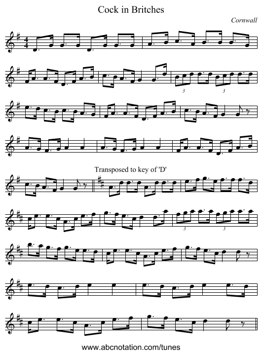 Cock in Britches - staff notation