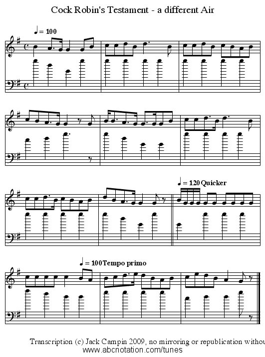 Cock Robin's Testament - a different Air - staff notation