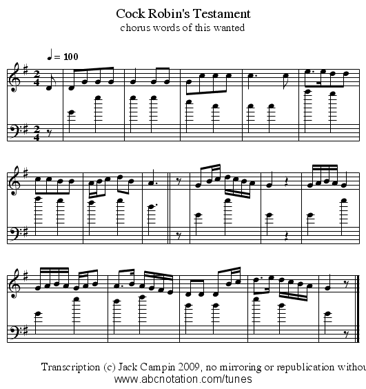 Cock Robin's Testament - staff notation