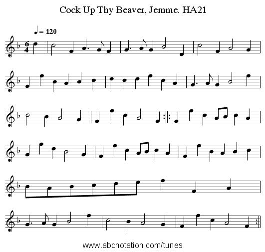Cock Up Thy Beaver, Jemme. HA21 - staff notation