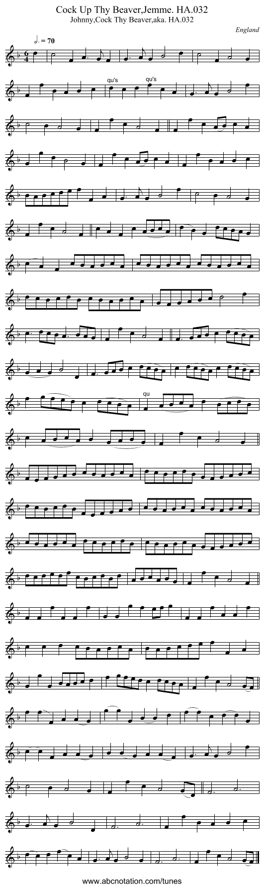 Cock Up Thy Beaver,Jemme. HA.032 - staff notation
