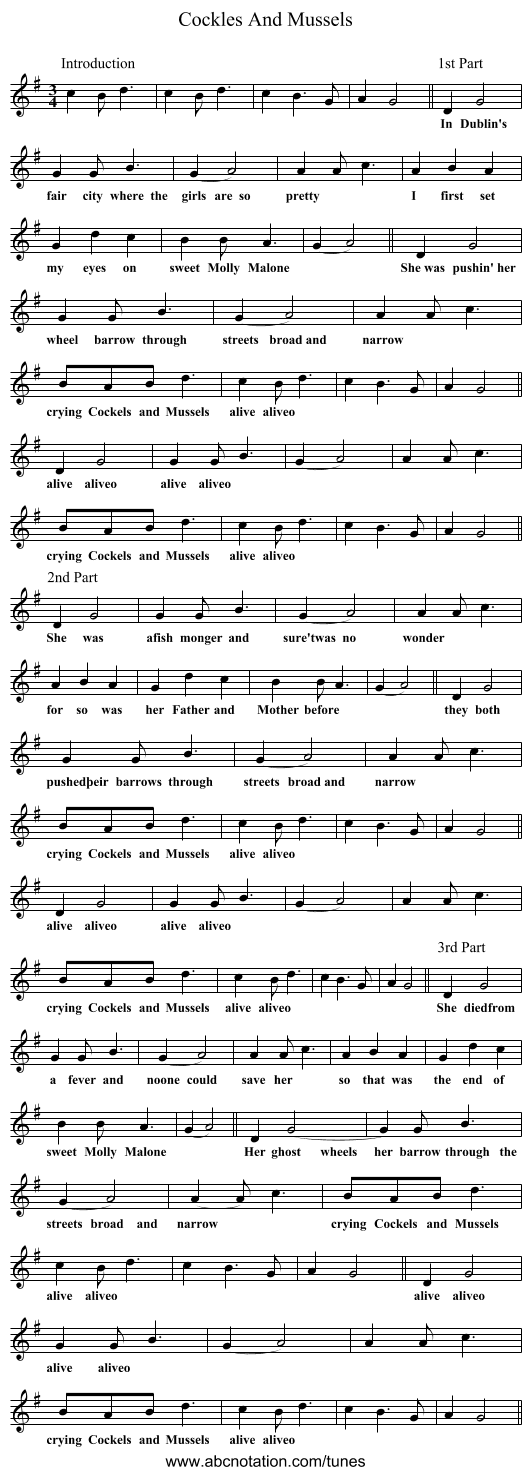 Cockles And Mussels - staff notation