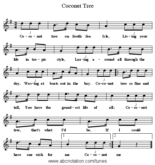Coconut Tree - staff notation