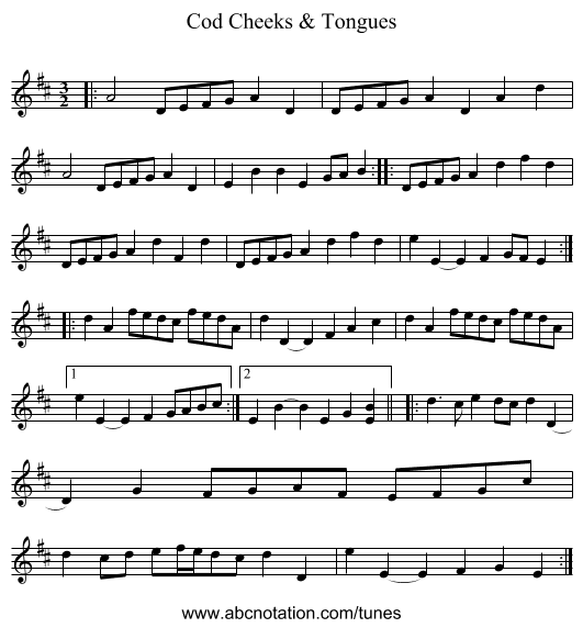 Cod Cheeks & Tongues - staff notation