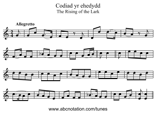 Codiad yr ehedydd - staff notation