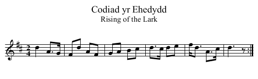 Codiad yr Ehedydd - staff notation