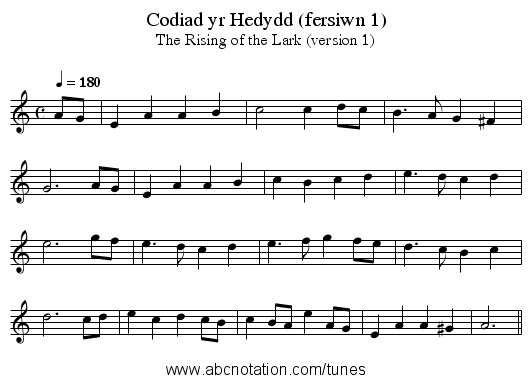 Codiad yr Hedydd (fersiwn 1) - staff notation