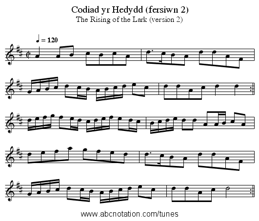 Codiad yr Hedydd (fersiwn 2) - staff notation