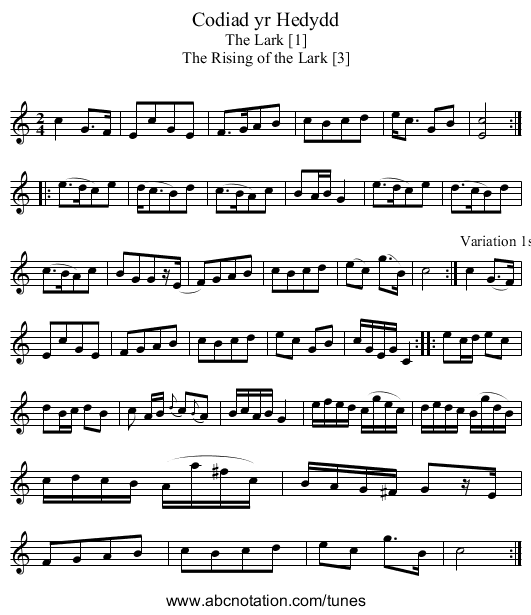 Codiad yr Hedydd - staff notation