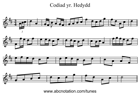 Codiad yr. Hedydd - staff notation