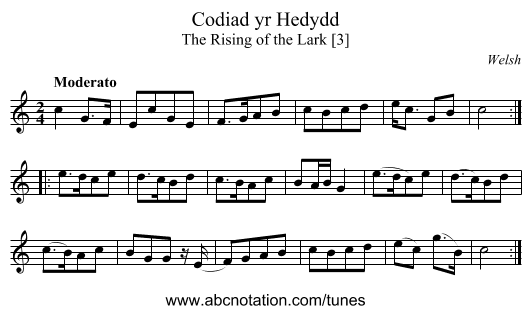 Codiad yr Hedydd - staff notation