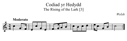 Codiad yr Hedydd - staff notation