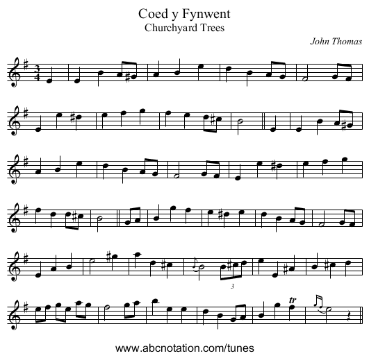 Coed y Fynwent - staff notation