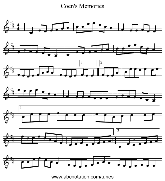 Coen's Memories - staff notation