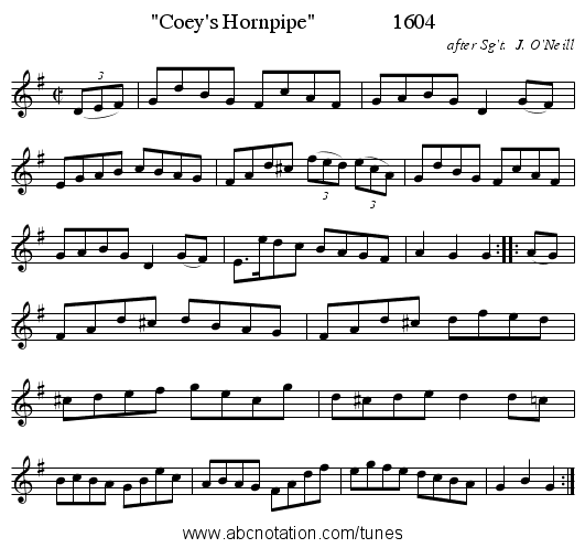 Coey's Hornpipe              1604 - staff notation