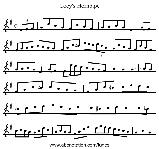 Coey's Hornpipe - staff notation