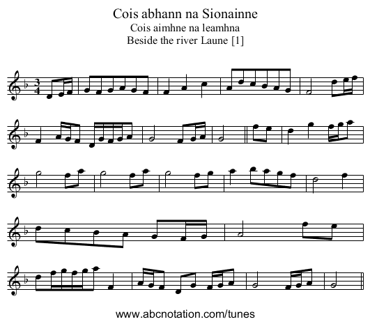 Cois abhann na Sionainne - staff notation