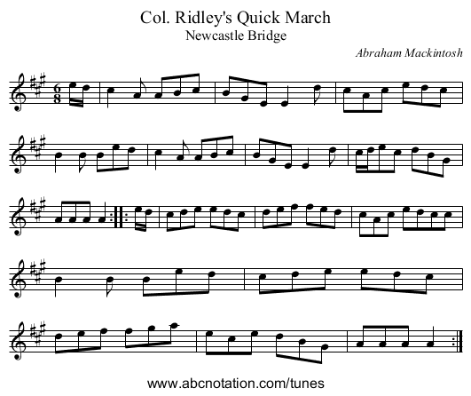 Col. Ridley's Quick March - staff notation