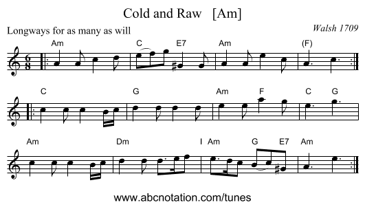Cold and Raw   [Am] - staff notation